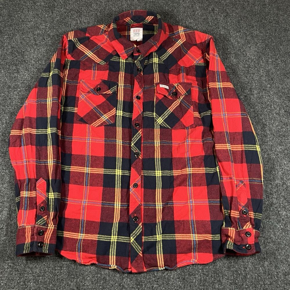 Topo Designs Plaid Mountain Shirt Mens XL Red Multi Organic Cotton Flannel LS
